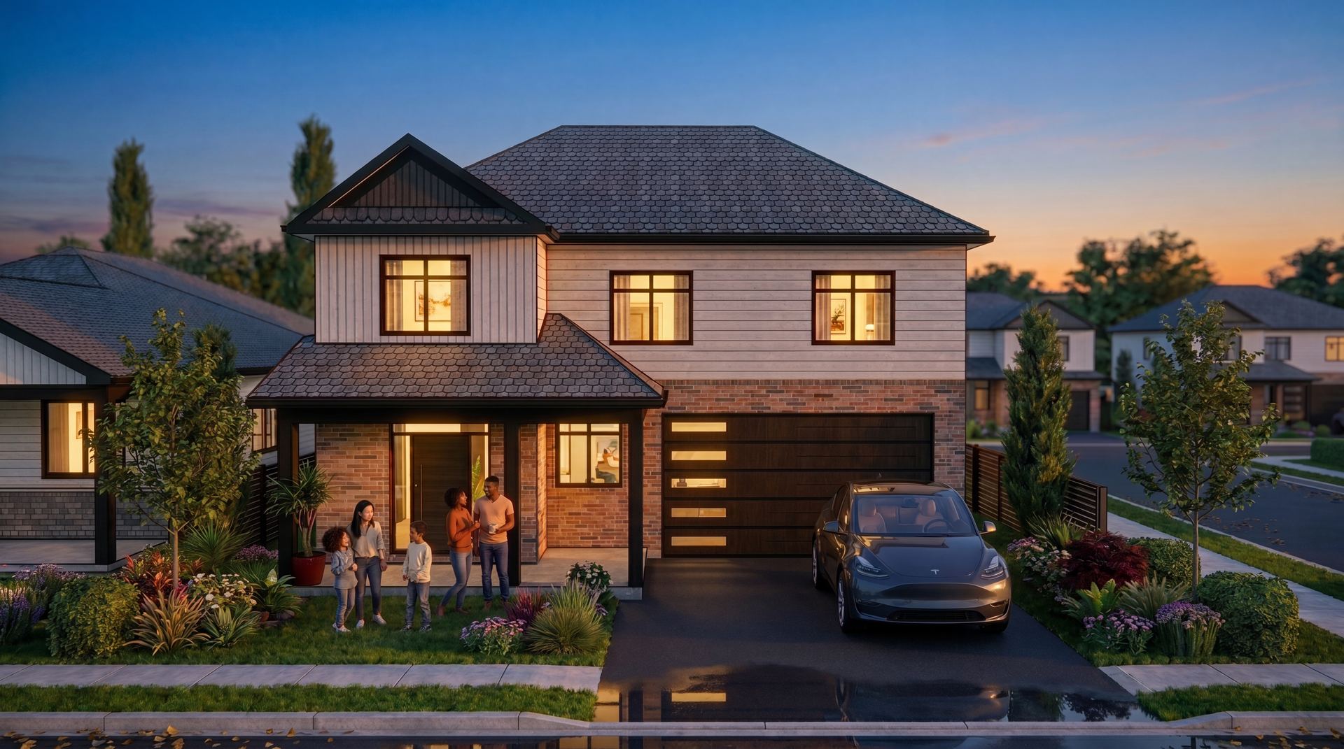 The Robin — two-storey family home at dusk with family on front lawn
